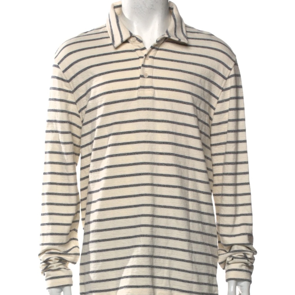 Vince Striped Collar Long Sleeve Terry Cloth Polo Shirt